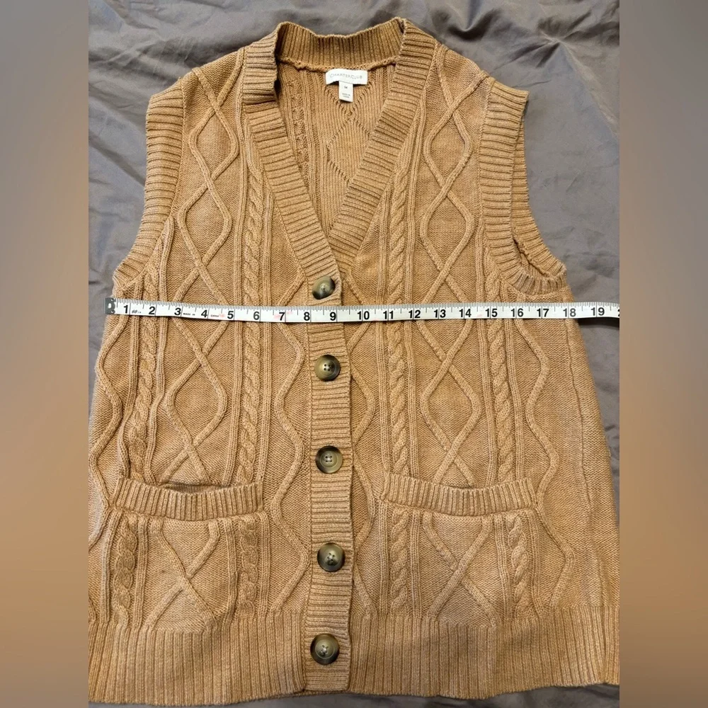Charter Club Cable Knit Sweater Vest Medium Camel Button Front Pockets Vintage
